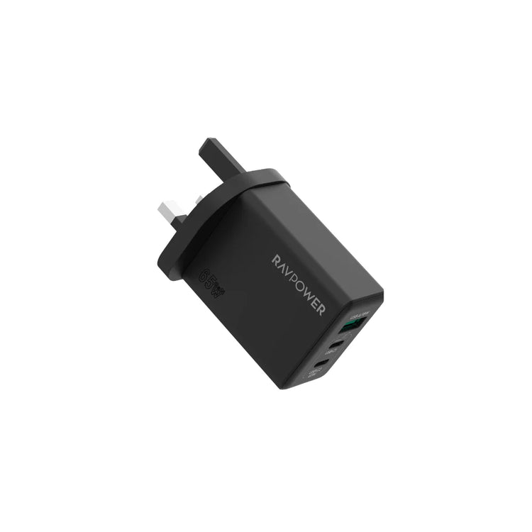 شاحن حائط RAVPower للسفر 65 واط GaN ثلاثي المنافذ أسود