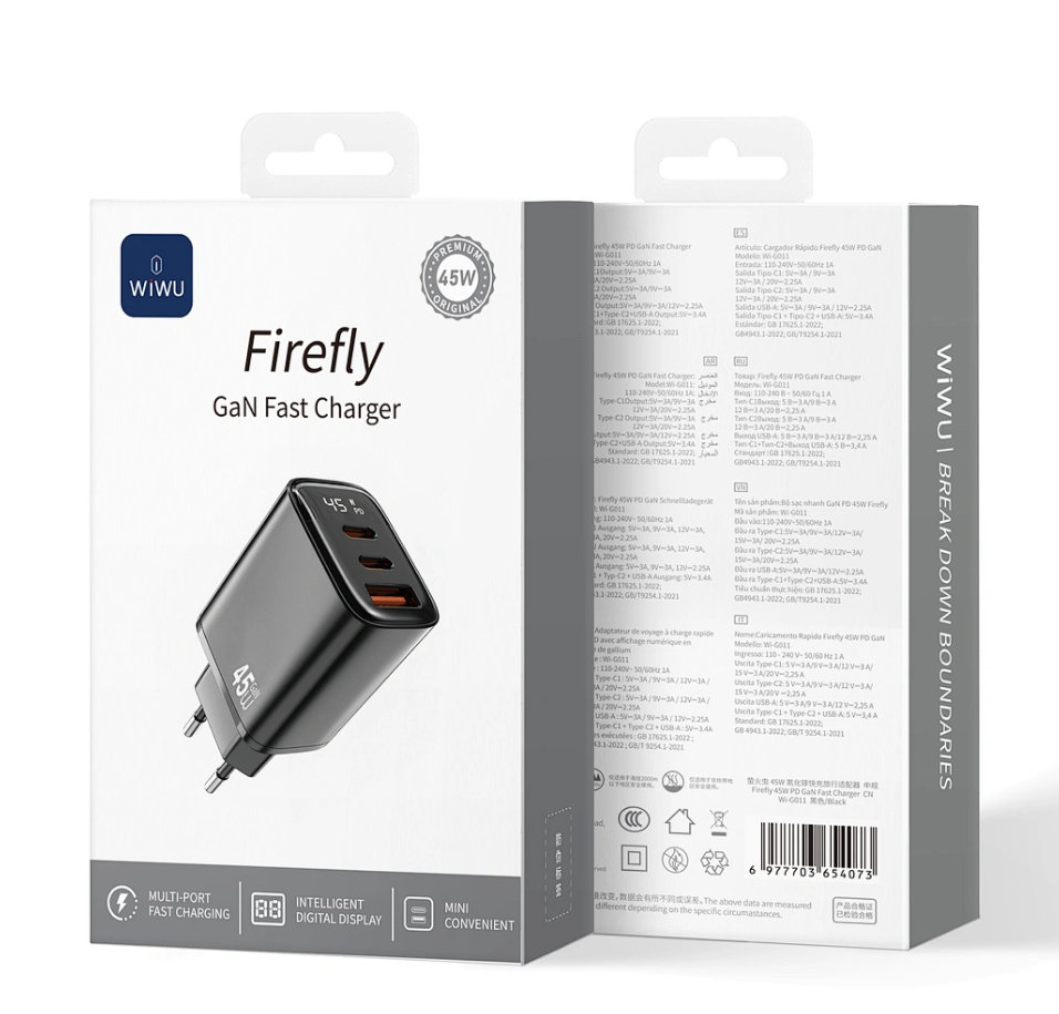 شاحن WiWU Firefly 45W PD GaN . Wi-G011 3 منفذ-اسود