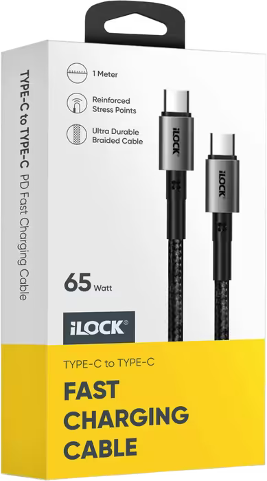 كابل ILOCK مضفر للشحن السريع 65 واط USB-C إلى Type-C 1 متر أسود