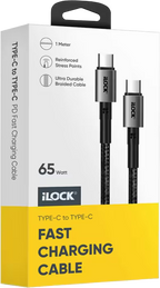كابل ILOCK مضفر للشحن السريع 65 واط USB-C إلى Type-C 1 متر أسود