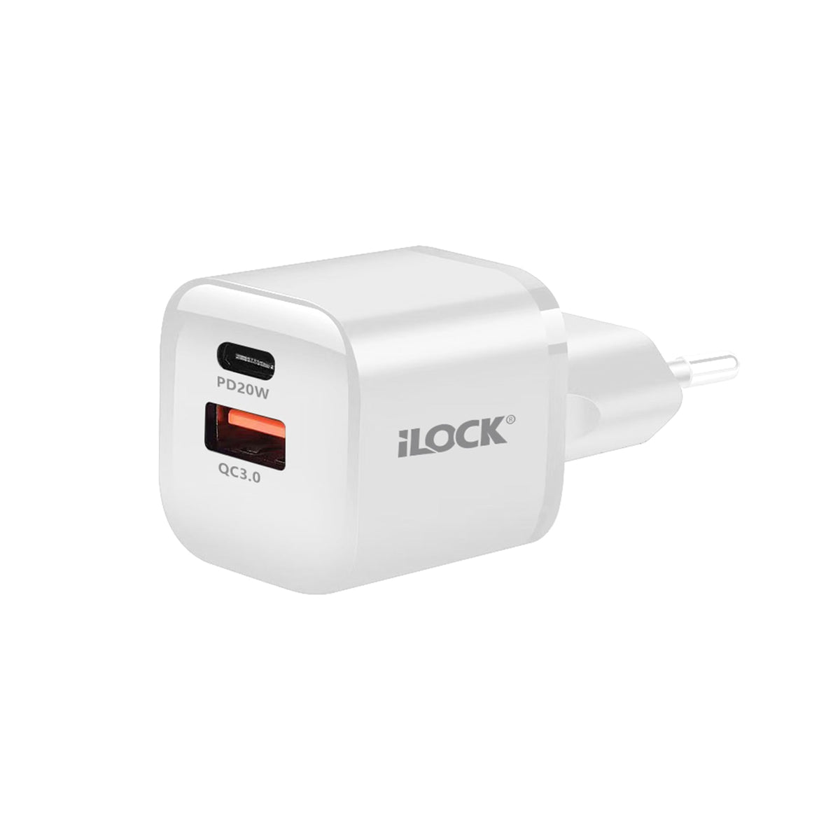 iLOCK شاحن حائط سريع بقوة 20 وات بمنفذين USB-A و USB-C ابيض