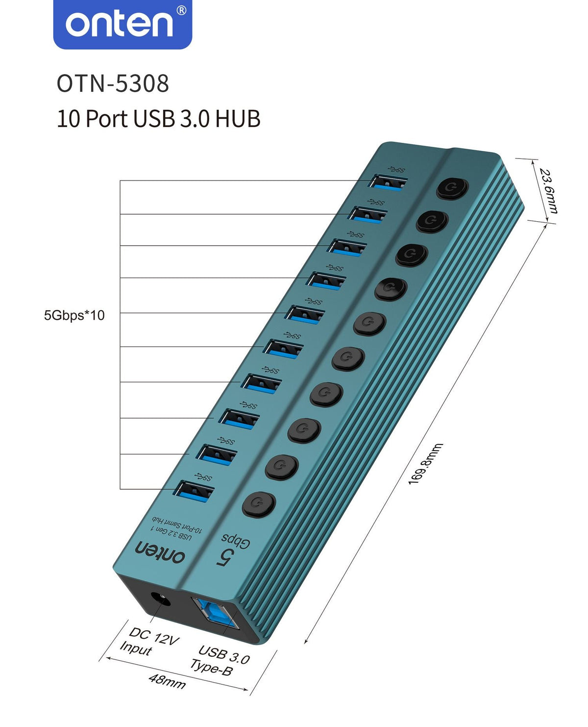 اونتن موزع منافذ١٠ في ١ USB 3.2 Gen مع أزرار منفصلة OTN-5308