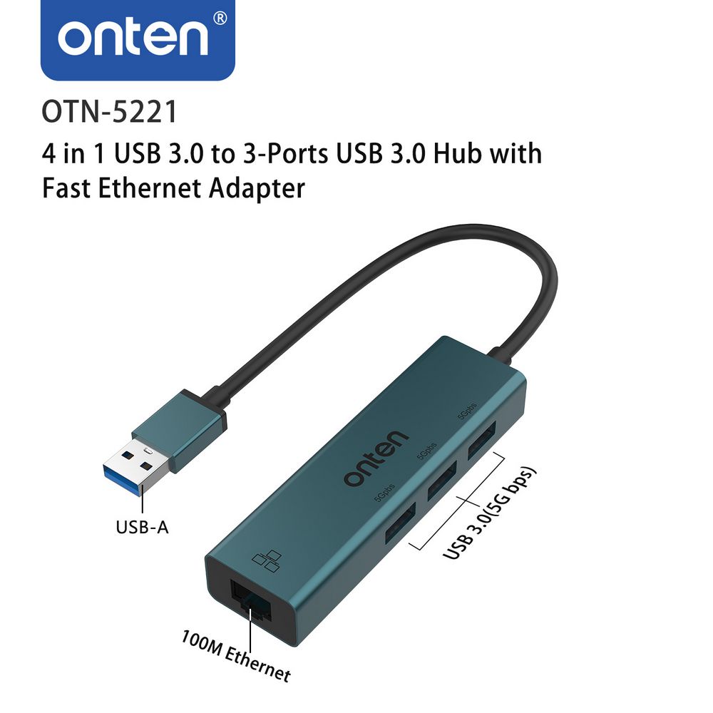 اونتن بطاقة شبكة USB 3.0 + محول جيجابت إيثرنت HUB بثلاثة منافذ، OTN-5221