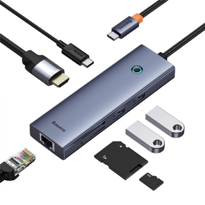 باسيوس Flite Series موزع بـ7 منافذ، بدقة 4K، شحن سريع 100 واط PD، منفذان USB 3.0، منفذ HDMI بدقة 4K@60Hz، ومنفذ شبكة RJ45 بسرعة 1000 ميجابت، وقارئ بطاقات SD/TF، B00052805813-00