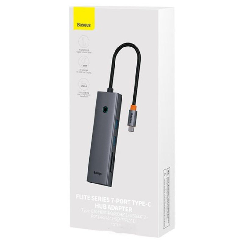 باسيوس Flite Series موزع بـ7 منافذ، بدقة 4K، شحن سريع 100 واط PD، منفذان USB 3.0، منفذ HDMI بدقة 4K@60Hz، ومنفذ شبكة RJ45 بسرعة 1000 ميجابت، وقارئ بطاقات SD/TF، B00052805813-00