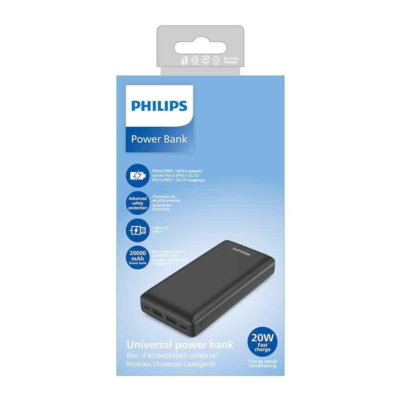 باور بانك Philips سعة 20,000 مللي أمبير 20 وات اسود