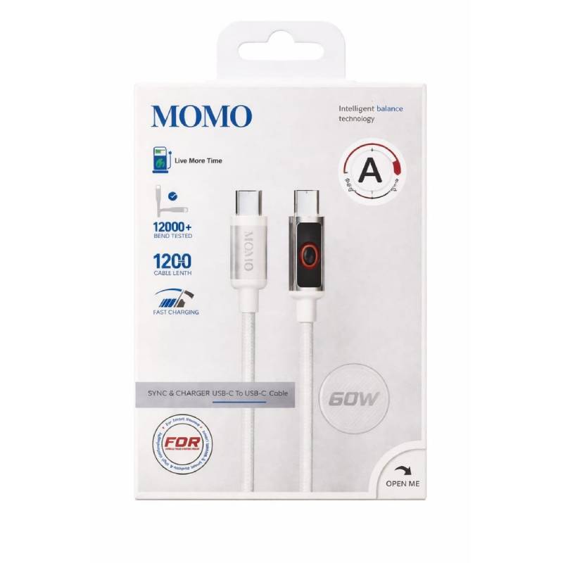 كابل MOMO USB-C إلى USB-C بطول 1.2 متر شحن سريع 60 وات 011022 أبيض