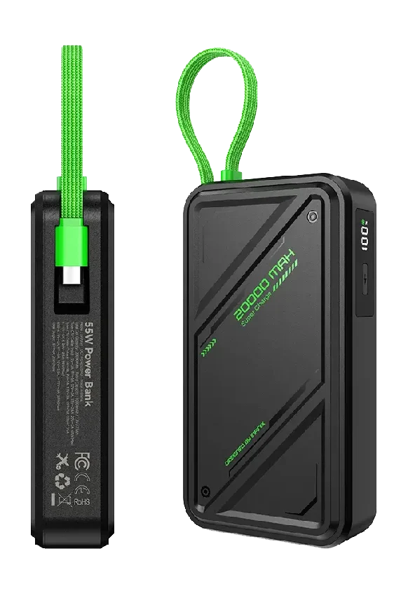 باور بانك Infinix GT Power XP20GT بسعة 20000 مللي أمبير، قدرة 55 وات مع كابل USB-C مدمج، 3 منافذ أسود