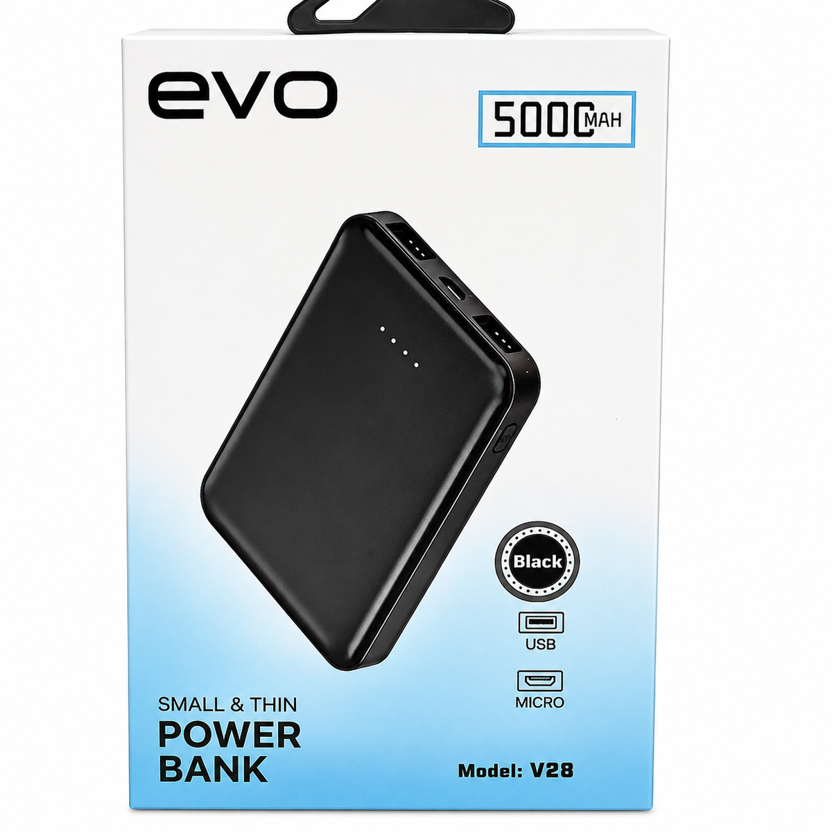 EVO V28 Power Bank 5000mAh with 2 USB, USB-C PD & Micro USB