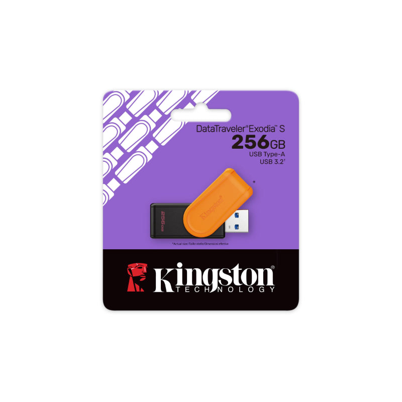 كينجستون فلاش ميموري 256 جيجا DataTraveler Exodia S، USB 3.2 Gen 1، منفذ USB Type-A، غطاء دوار DT Exodia S أسود وبرتقالي