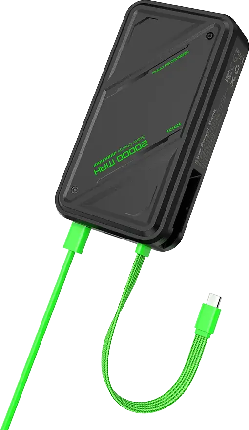 باور بانك Infinix GT Power XP20GT بسعة 20000 مللي أمبير، قدرة 55 وات مع كابل USB-C مدمج، 3 منافذ أسود