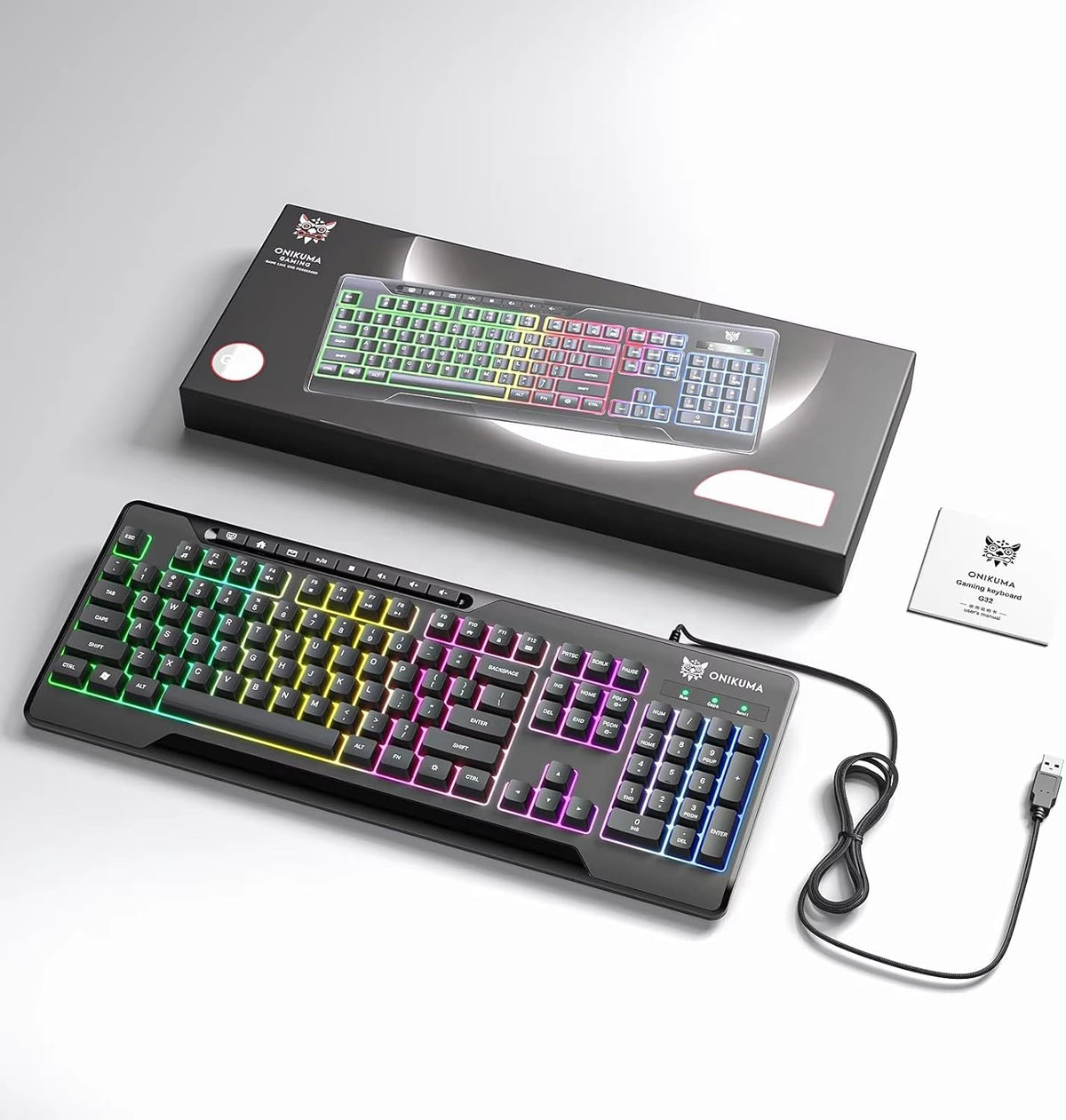 اونيكوما G32 لوحة مفاتيح ألعاب سلكية بغطاء مفاتيح وإضاءة خلفية RGB