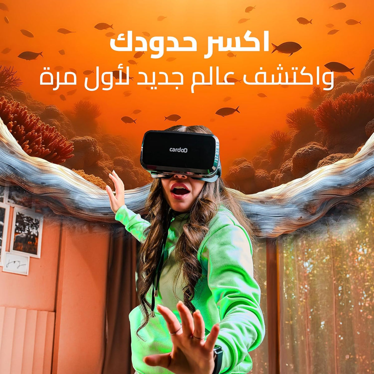 كاردو نظارة الواقع الافتراضي Pro L، مع كابل لايتنينج و عرض بانورامي 360 درجة وسماعة اذن سلكية مدمجة اسود
