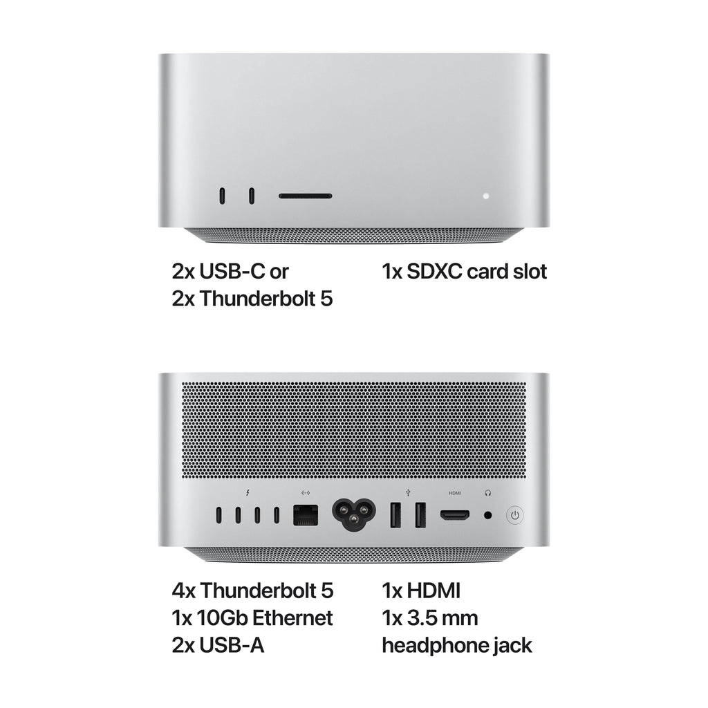 Mac Studio: Apple M4 Max chip with 14‑core CPU and 32‑core GPU, SSD