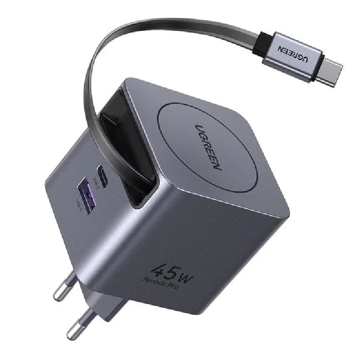 شاحن حائط UGREEN GaN سريع 45 واط مع كابل USB-C قابل للسحب فضي X614