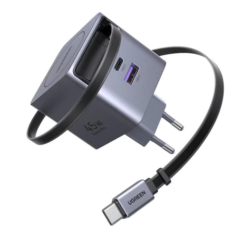 شاحن حائط UGREEN GaN سريع 45 واط مع كابل USB-C قابل للسحب فضي X614