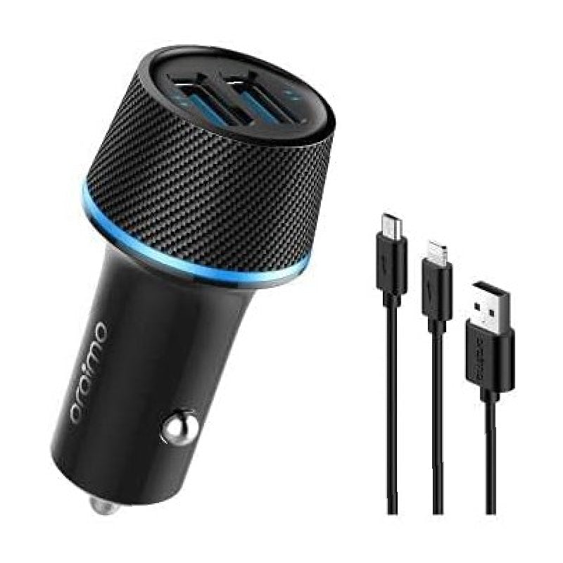 شاحن سيارة Oraimo OCC-21D بمنفذين USB 10.5W مع كابل Type-C إلى Lightning أسود
