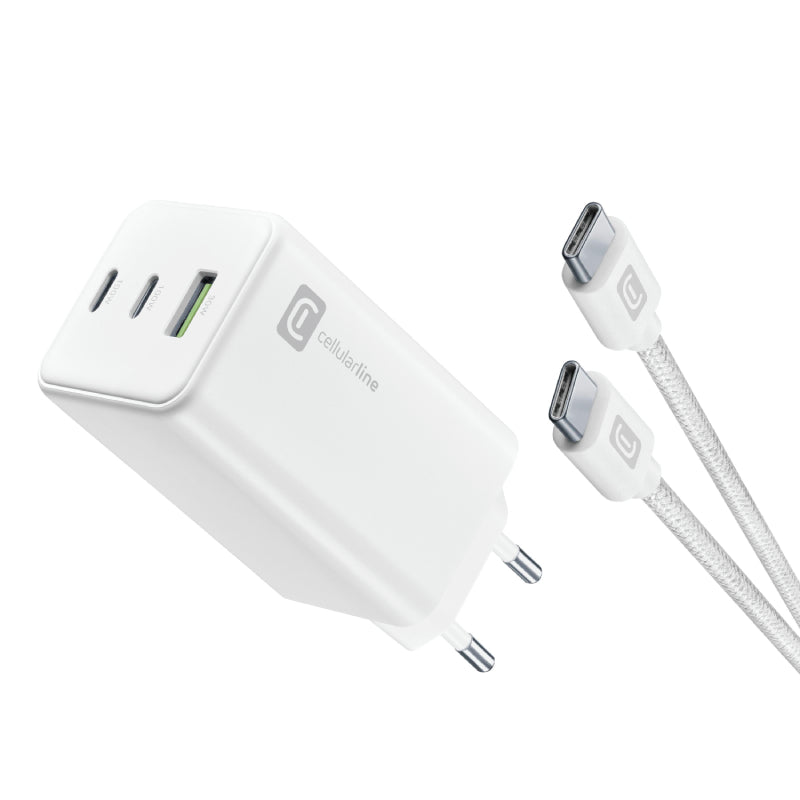 شاحن حائط Cellularline Nano GaN بقدرة 65 واط مع كابل USB-C 5A أبيض
