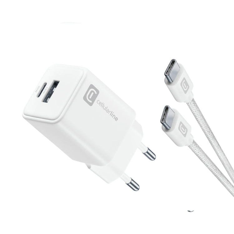 شاحن حائط Cellularline Nano GaN بقدرة 30 واط مع كابل USB-C 5A أبيض