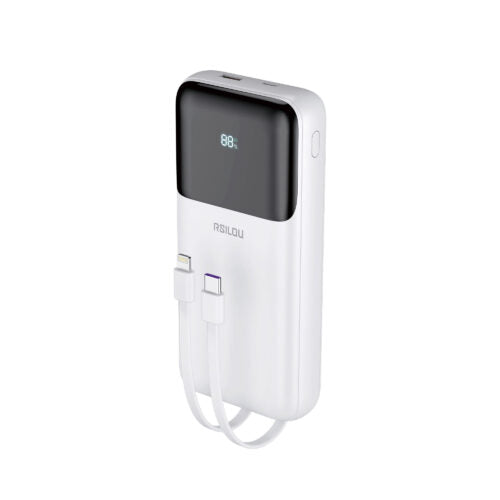باور بانك Rsilou بسعة 20000 مللي أمبير 22.5 واط مع كابلين USB-C وLightning مدمجين، R1013-002 أبيض