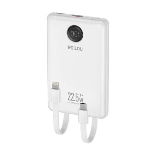 باور بانك Rsilou بسعة 10000 مللي أمبير 22.5 واط مع كابلين USB-C وLightning مدمجين وشاشة LED، R1023-002 أبيض
