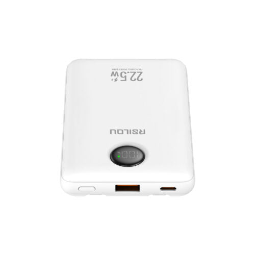 باور بانك Rsilou بسعة 10000 مللي أمبير 22.5 واط مع كابلين USB-C وLightning مدمجين وشاشة LED، R1023-002 أبيض