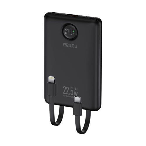 باور بانك RSILOU بسعة 10000 مللي أمبير، 22.5 وات PD مع كابلات USB-C وLightning مدمجة وشاشة رقمية R1023-001 أسود