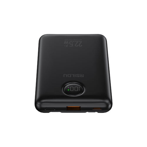 باور بانك RSILOU بسعة 10000 مللي أمبير، 22.5 وات PD مع كابلات USB-C وLightning مدمجة وشاشة رقمية R1023-001 أسود