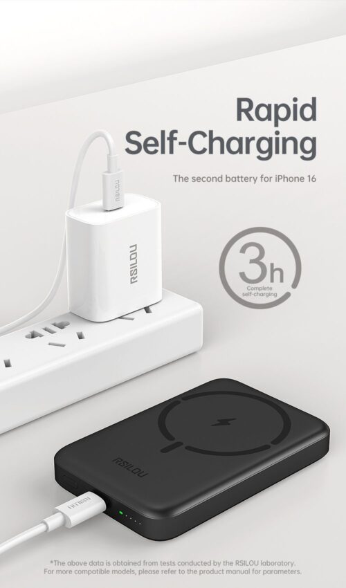 باور بانك RSILOU مغناطيسي لاسلكي بسعة 10000 مللي أمبير، قدرة 20 واط، بمنفذ USB-C أبيض