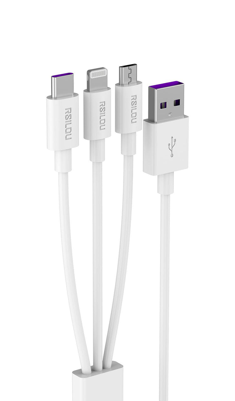 كابل شحن Rsilou 3 في 1 USB-A إلى Lightning وUSB-C وMicro USB بقدرة 120 واط بطول 1.2 متر، R2017-001 أبيض