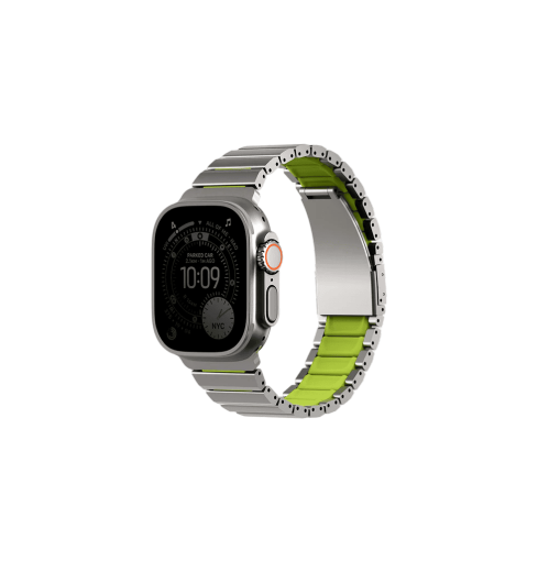 UNIQ STROVA FLEX APPLE WATCH SELF-ADJUSTABLE STEEL LINK BAND 49/46/45/44MM TITANIUM SLIVER/LIME