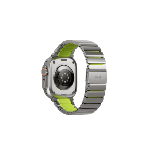 UNIQ STROVA FLEX APPLE WATCH SELF-ADJUSTABLE STEEL LINK BAND 49/46/45/44MM TITANIUM SLIVER/LIME