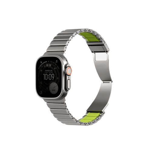 UNIQ STROVA FLEX APPLE WATCH SELF-ADJUSTABLE STEEL LINK BAND 49/46/45/44MM TITANIUM SLIVER/LIME