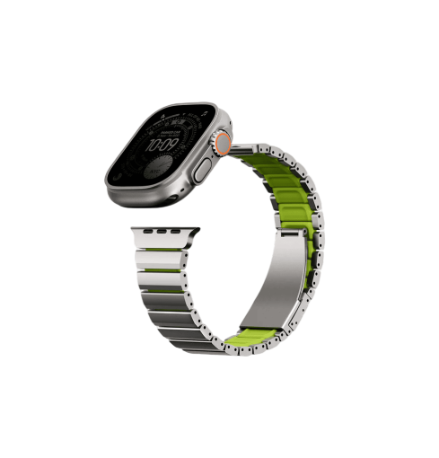 UNIQ STROVA FLEX APPLE WATCH SELF-ADJUSTABLE STEEL LINK BAND 49/46/45/44MM TITANIUM SLIVER/LIME