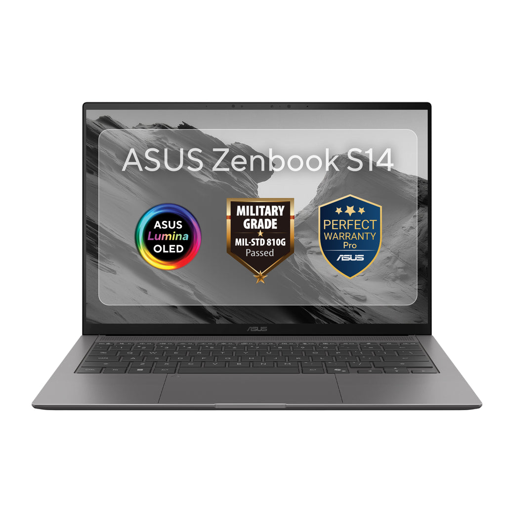لابتوب ASUS Zenbook S 14 معالج Intel® Core™ Ultra 7 355، ذاكرة 32 جيجابايت، سعة 1 تيرابايت SSD، بطاقة Intel® Graphics، شاشة 14 بوصة 3K OLED، ويندوز 11، رمادي Antrim