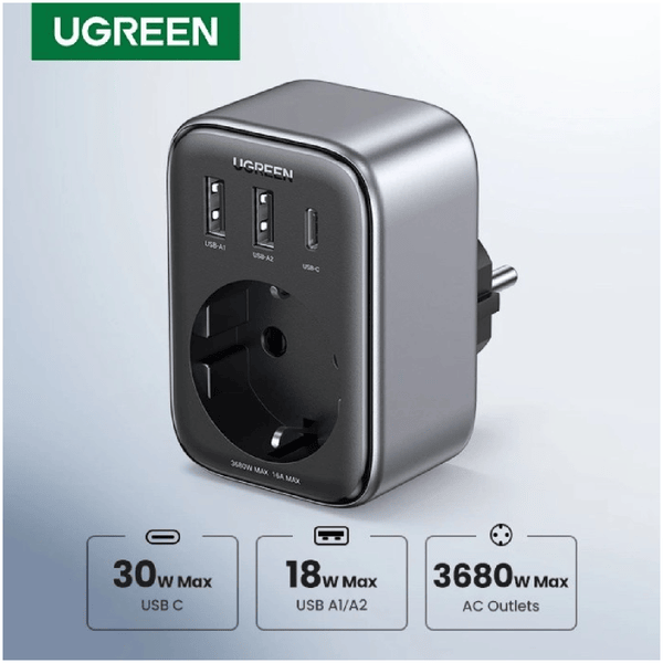 شاحن حائط UGREEN 4 في 1، متعدد المنافذ، قدرة 3680 وات، موديل CD314، أسود