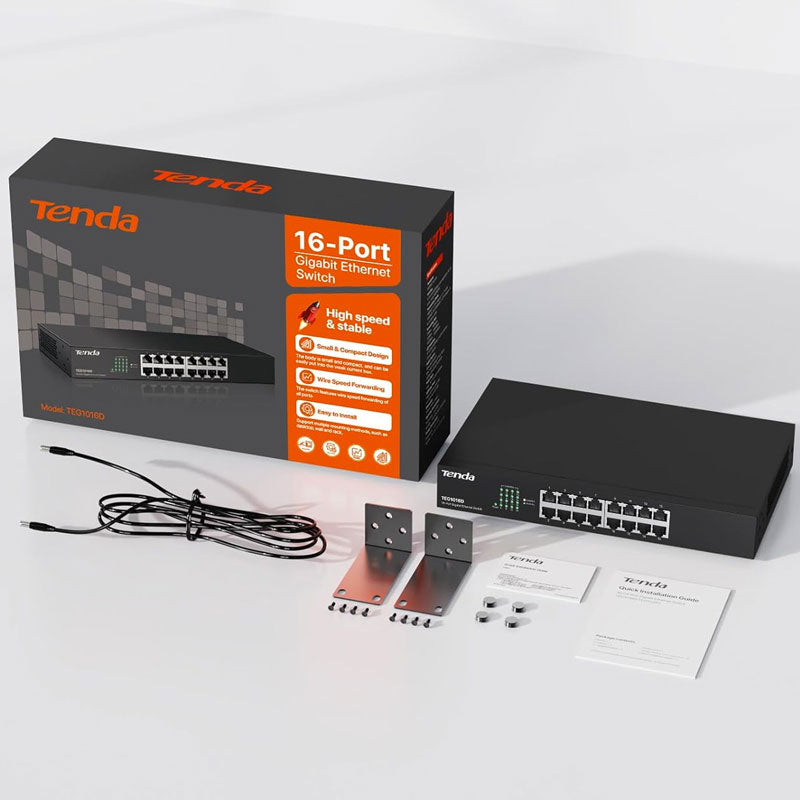 محول TEG1016D بـ 16 منفذ جيجابت ايثرنت من تيندا ، مقسم شبكة سطح المكتب هيكل معدني قوي ، بدون مراوح ، خاصية التوصيل والتشغيل