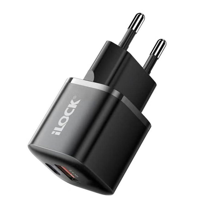 شاحن حائط أي لوك بمنفذ تايب سي PD + منفذ يو اس بي QC3.0 بقوة 30 وات شحن سريع أسود