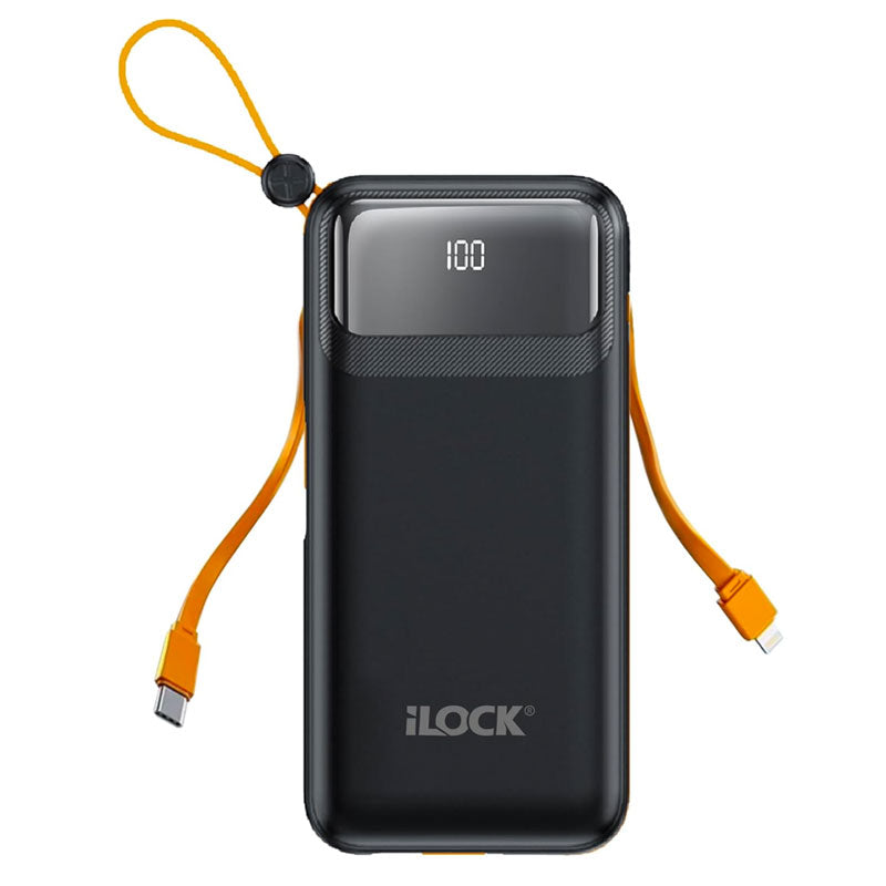 باور بانك اي لوك سلكي، 10000 مللي امبير، 3 منافذ، منفذ USB-A + منفذين USB-C + كابل USB-C مدمج + كابل لايتنينج مدمج اسود