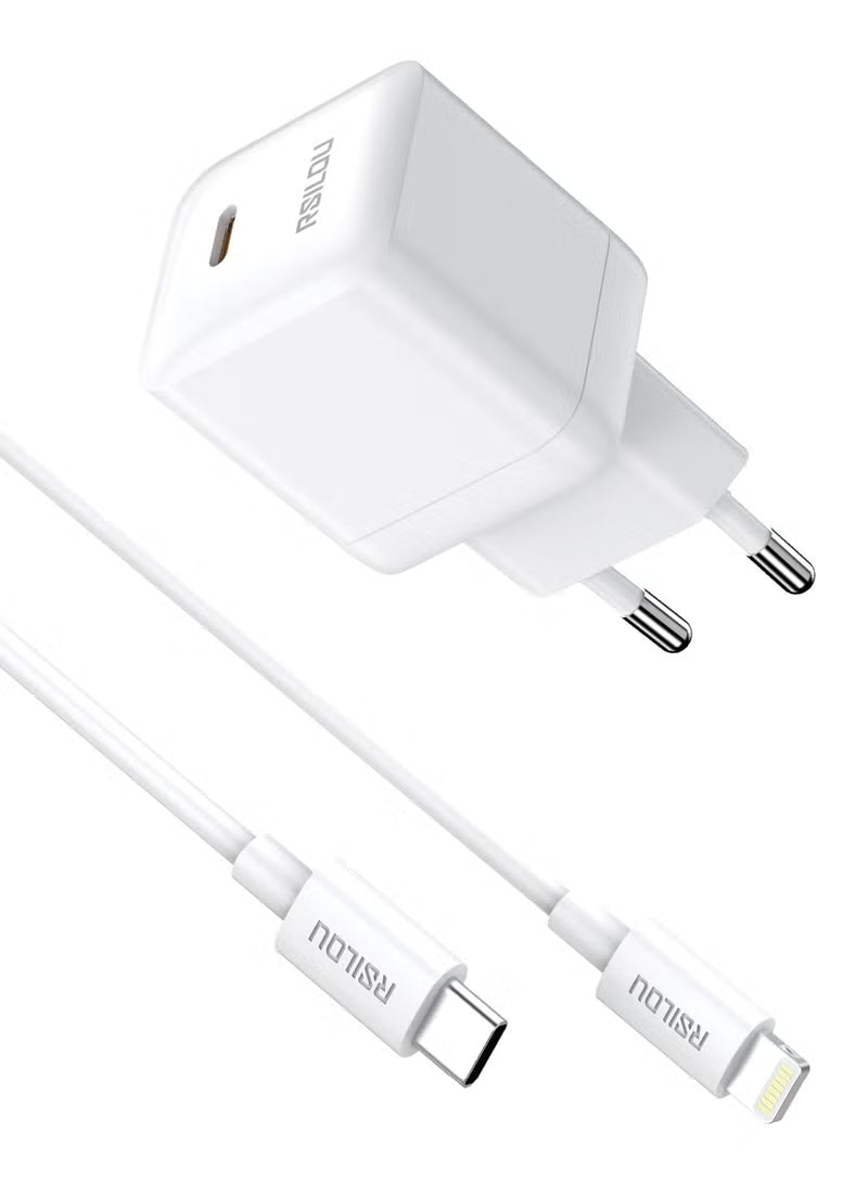 شاحن حائط RSILOU GaN بقدرة 30 وات مع كابل Type-C إلى Lightning أبيض