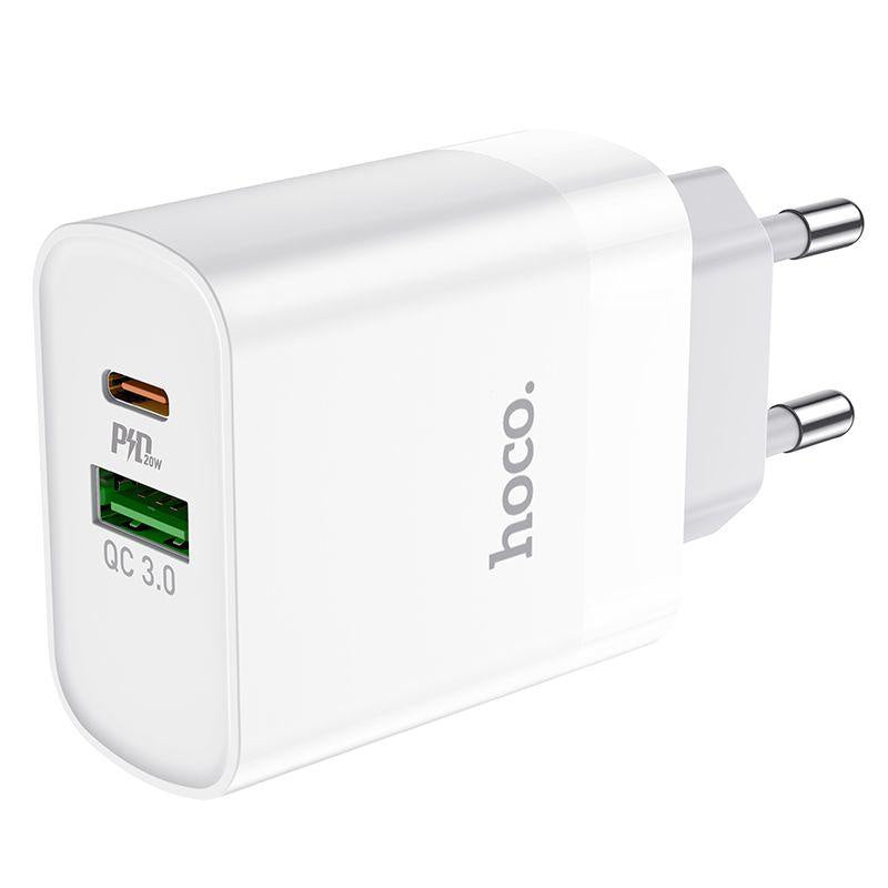 شاحن حائط هوكو C80A بقدرة 20 وات PD بمنفذي USB-A وUSB-C أبيض