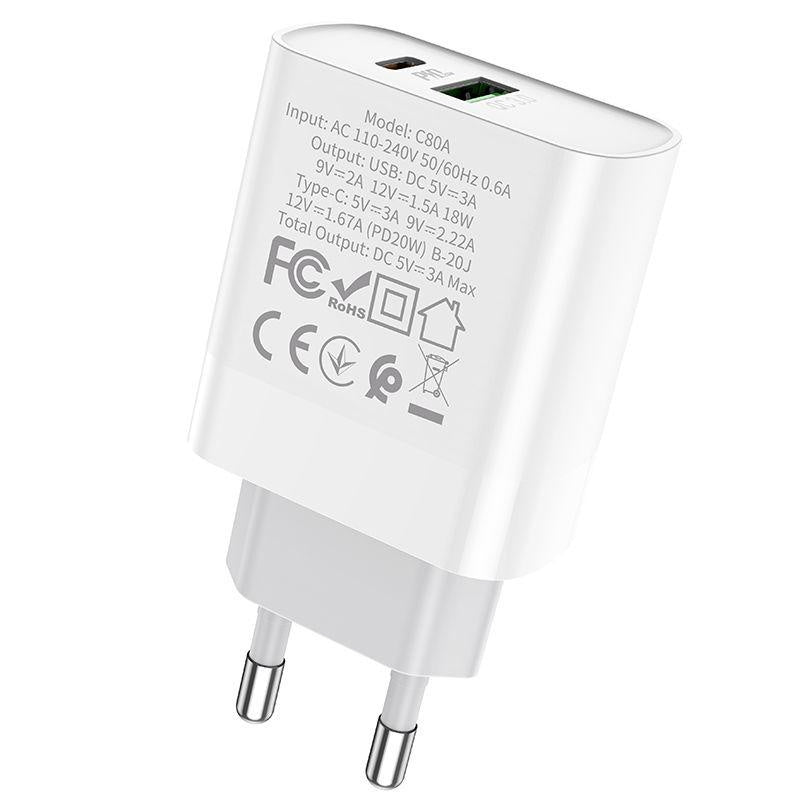 شاحن حائط هوكو C80A بقدرة 20 وات PD بمنفذي USB-A وUSB-C أبيض