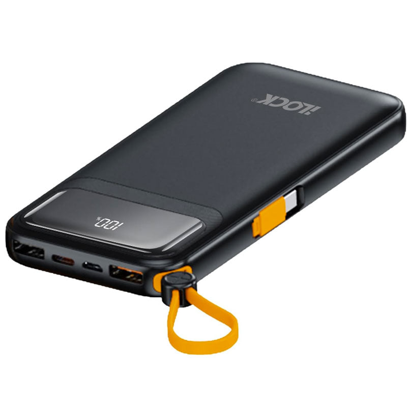 باور بانك اي لوك سلكي، 10000 مللي امبير، 3 منافذ، منفذ USB-A + منفذين USB-C + كابل USB-C مدمج + كابل لايتنينج مدمج اسود