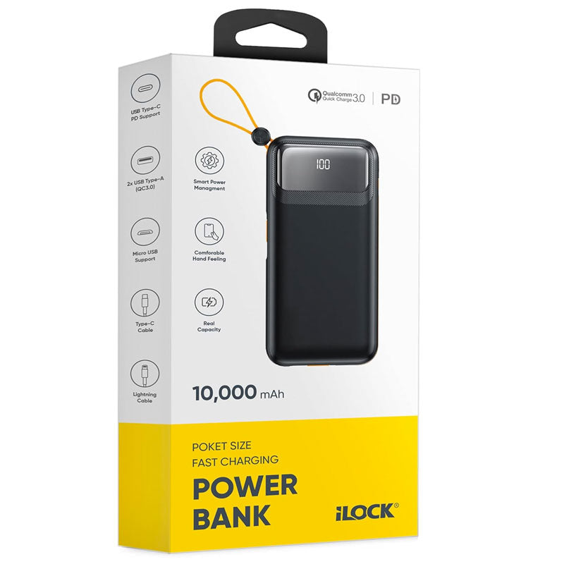 باور بانك اي لوك سلكي، 10000 مللي امبير، 3 منافذ، منفذ USB-A + منفذين USB-C + كابل USB-C مدمج + كابل لايتنينج مدمج اسود
