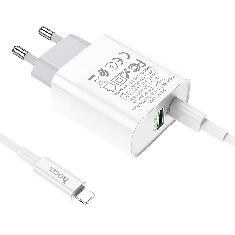 شاحن حائط HOCO C80A بقدرة 20 واط بتقنية PD مع كابل USB-C إلى Lightning أبيض