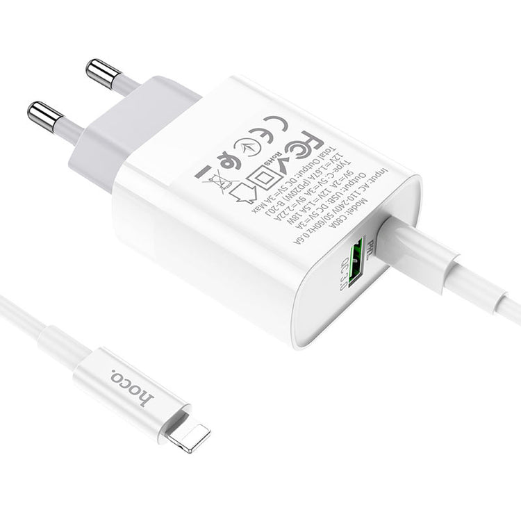 شاحن حائط HOCO C80A بقدرة 20 واط بتقنية PD مع كابل USB-C إلى Lightning أبيض