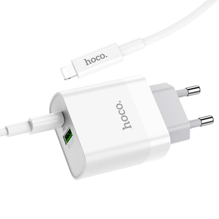 شاحن حائط HOCO C80A بقدرة 20 واط بتقنية PD مع كابل USB-C إلى Lightning أبيض