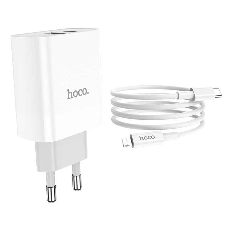 شاحن حائط HOCO C80A بقدرة 20 واط بتقنية PD مع كابل USB-C إلى Lightning أبيض