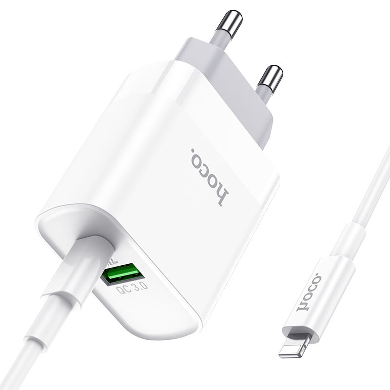 شاحن حائط HOCO C80A بقدرة 20 واط بتقنية PD مع كابل USB-C إلى Lightning أبيض