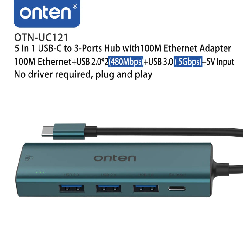 أونتن 5 في 1 موزع USB-C Type-C إلى USB 3.0 مع مدخل 5V وبطاقة شبكة بسرعة 100Mbps، UC121
